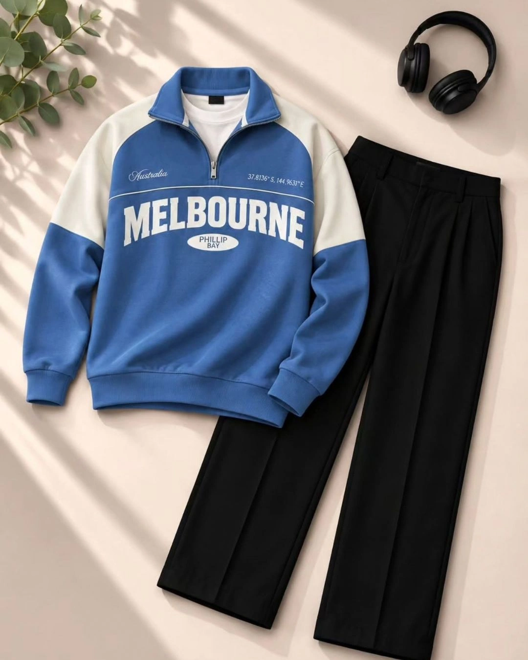 Off-White Half-Zip Sweatshirt and Black Trouser Set - Image 3