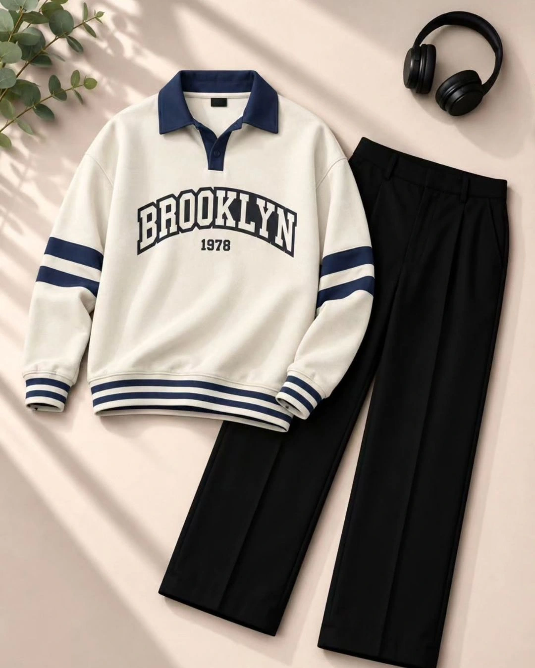 Off-White Half-Zip Sweatshirt and Black Trouser Set - Image 2