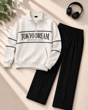 Off-White Half-Zip Sweatshirt and Black Trouser Set