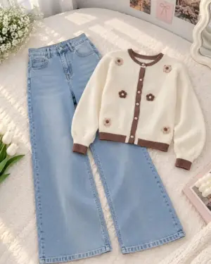 Cream and Brown Floral Knit Cardigan with Light Blue Denim Trouser Set