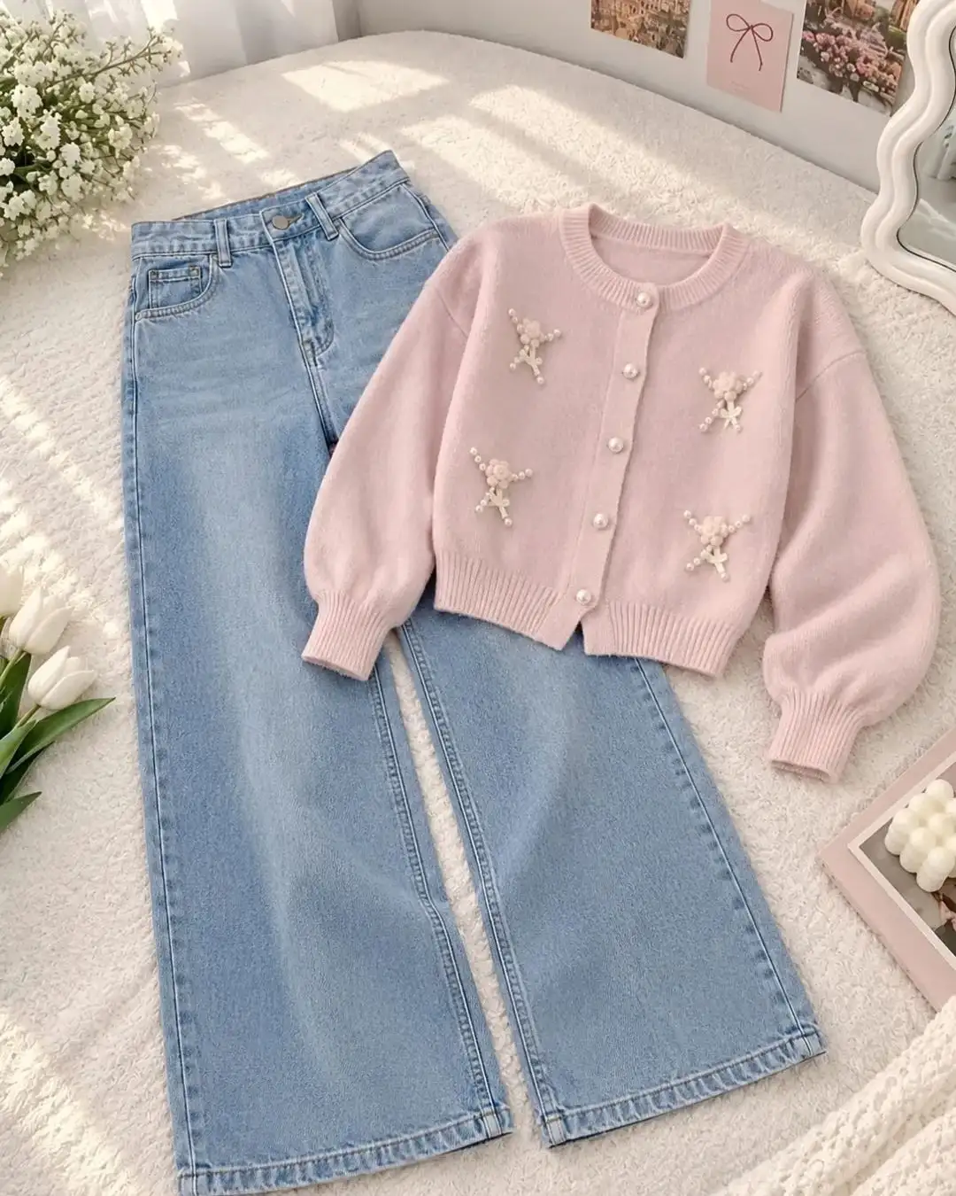 Cream and Brown Floral Knit Cardigan with Light Blue Denim Trouser Set - Image 4
