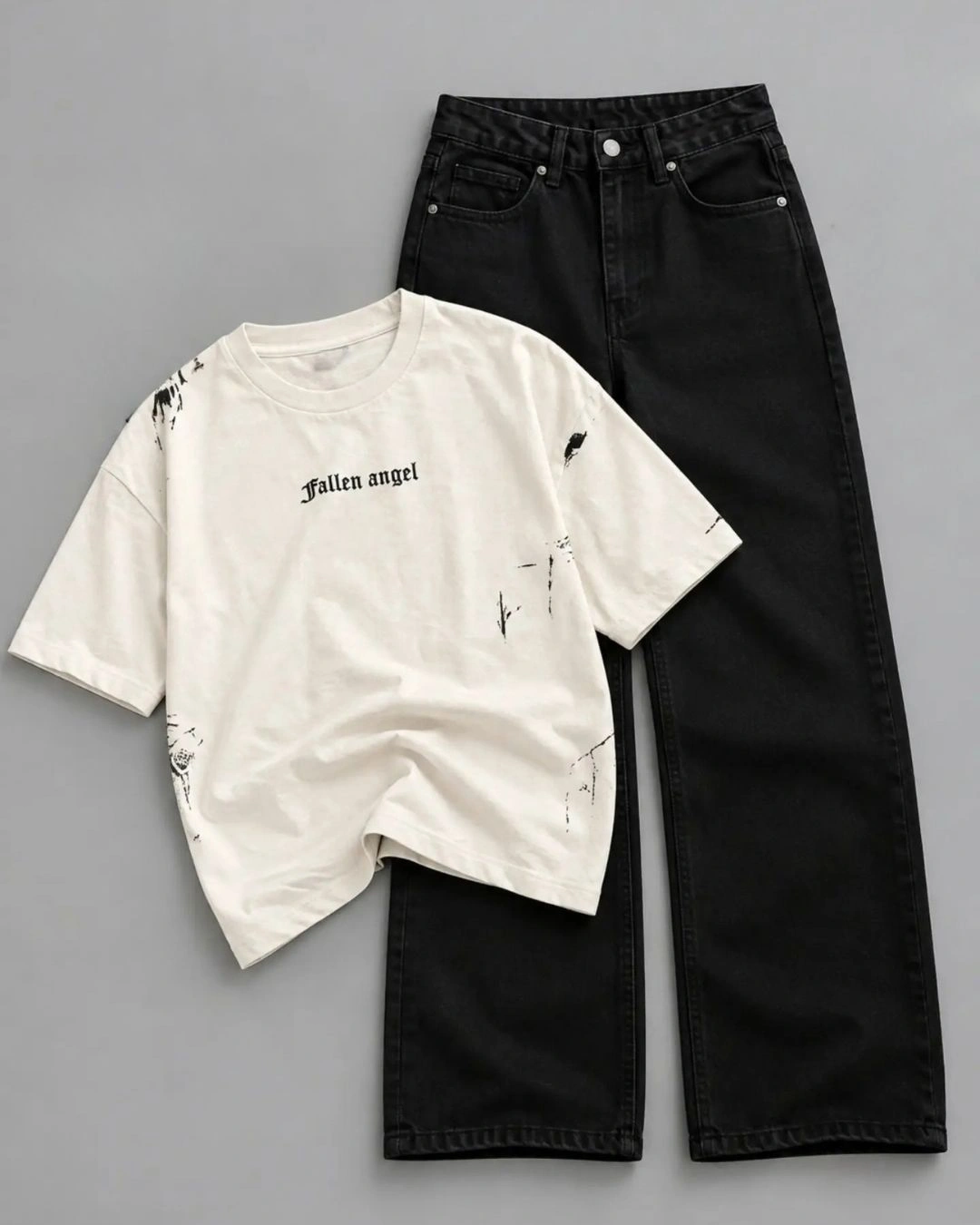 Off-White and Navy Colorblock Graphic Tee with Black Denim Trouser Set - Image 3