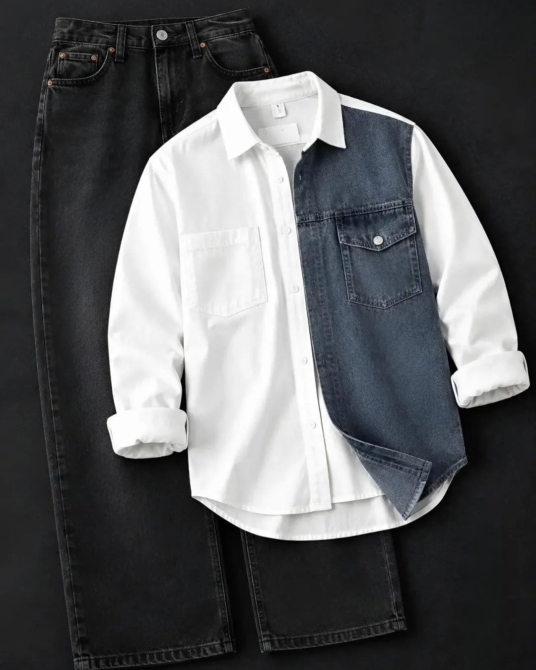 Colorblock Corduroy Overshirt and Black Denim Pant Set - Image 2