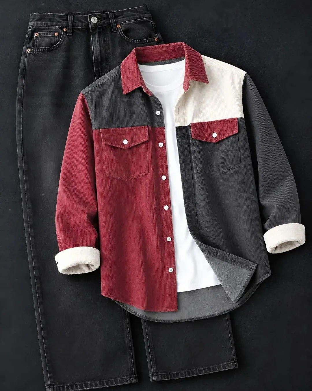 Colorblock Corduroy Overshirt and Black Denim Pant Set