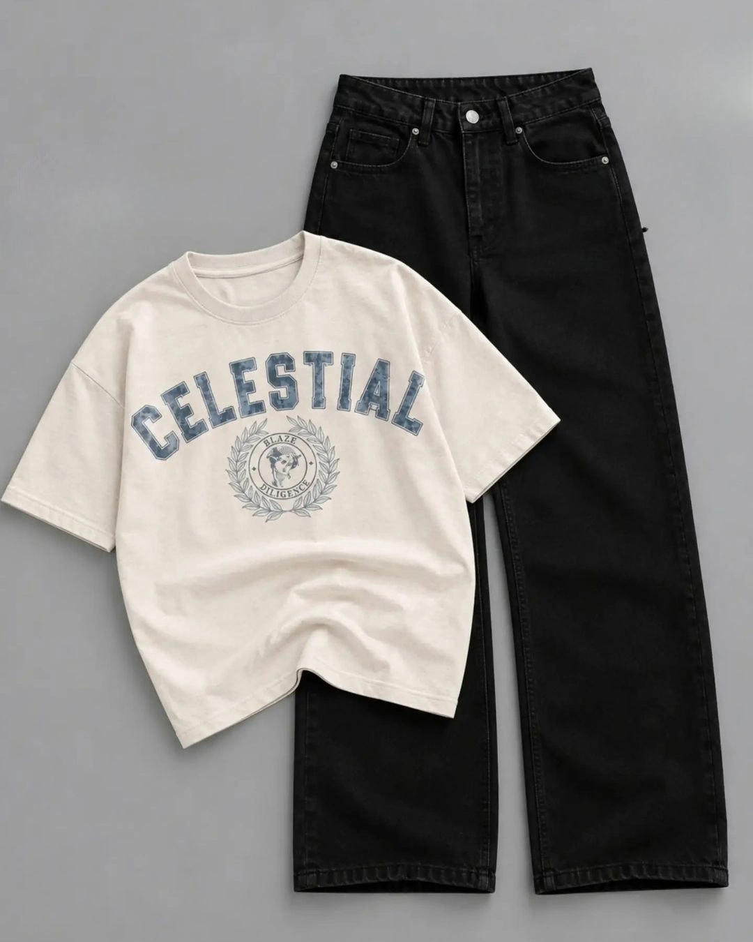 Off-White and Navy Colorblock Graphic Tee with Black Denim Trouser Set - Image 2