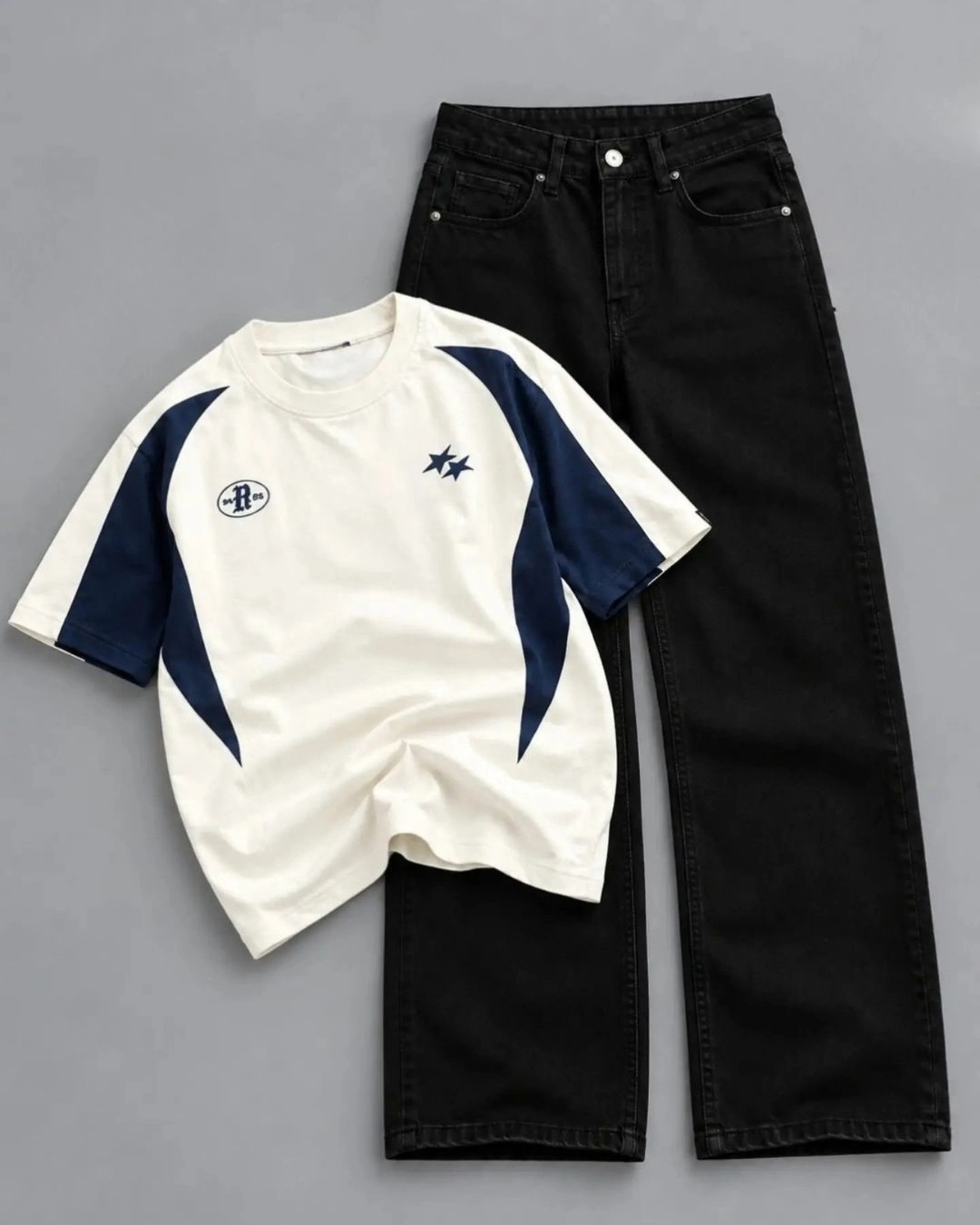 Off-White and Navy Colorblock Graphic Tee with Black Denim Trouser Set