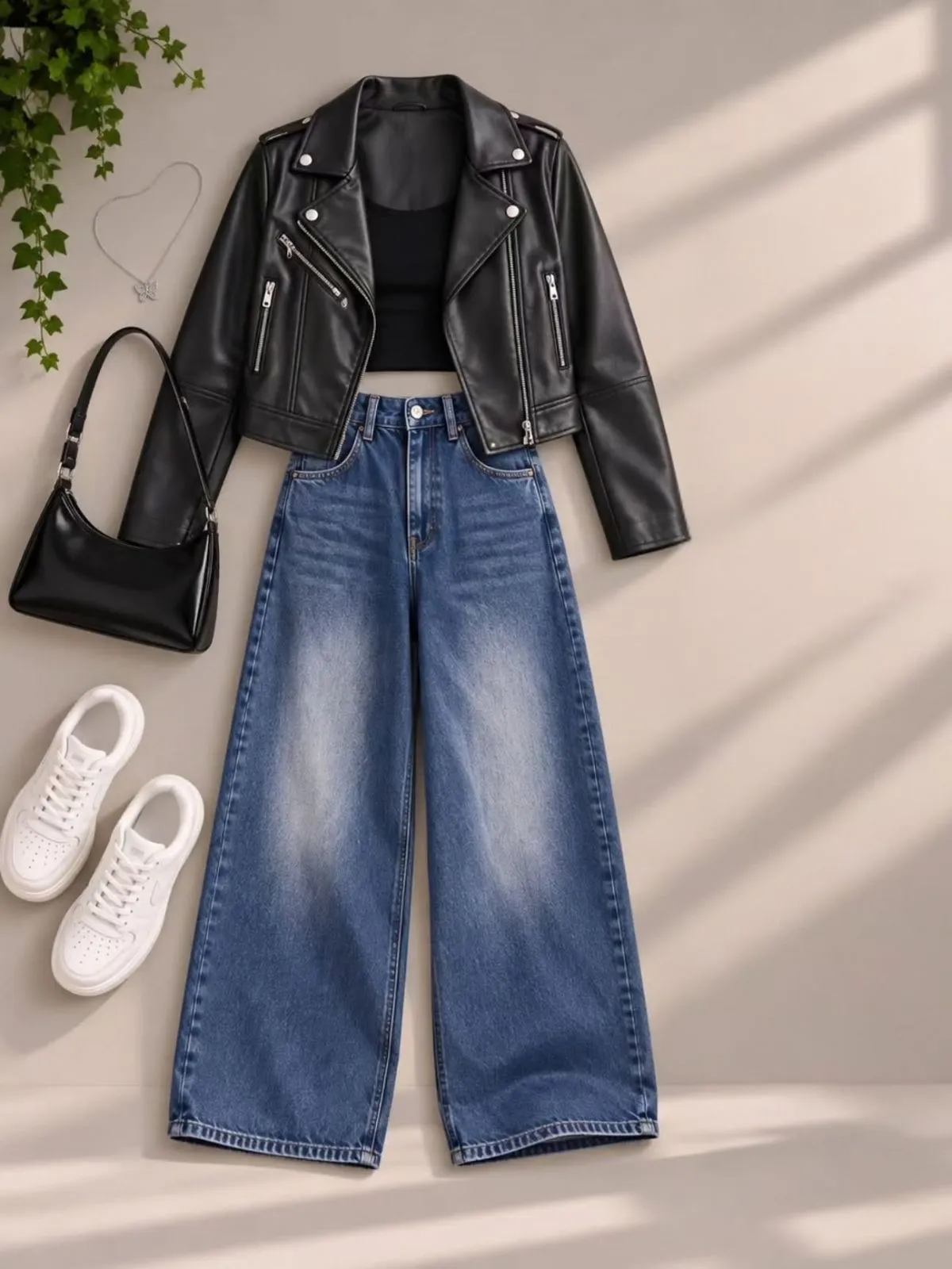 Camel Brown Suede Moto Jacket and Wide-Leg Blue Jeans Set - Image 3