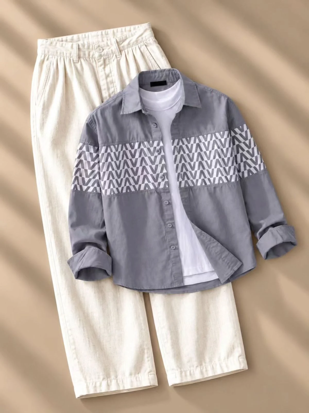 Classic Blue Denim Overshirt and Cream Linen Trouser Set - Image 2
