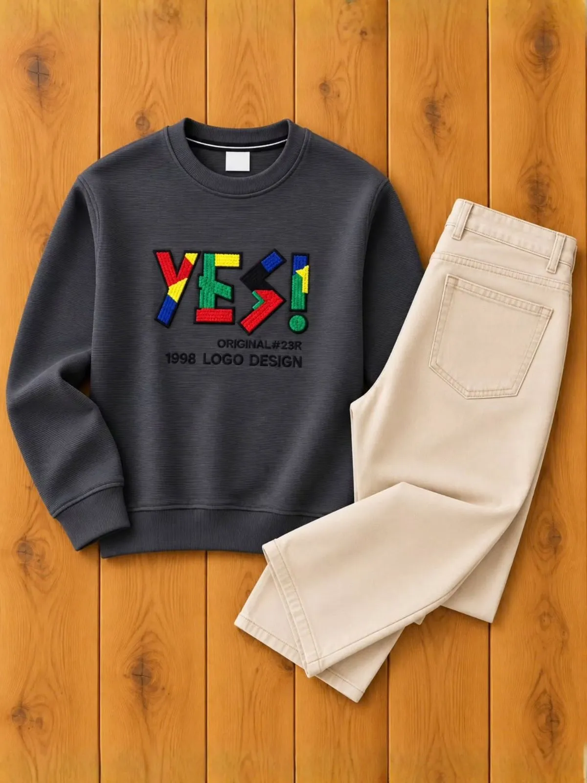 Off-White Graphic Pullover Sweatshirt and Tan Brown Jeans Set - Image 3