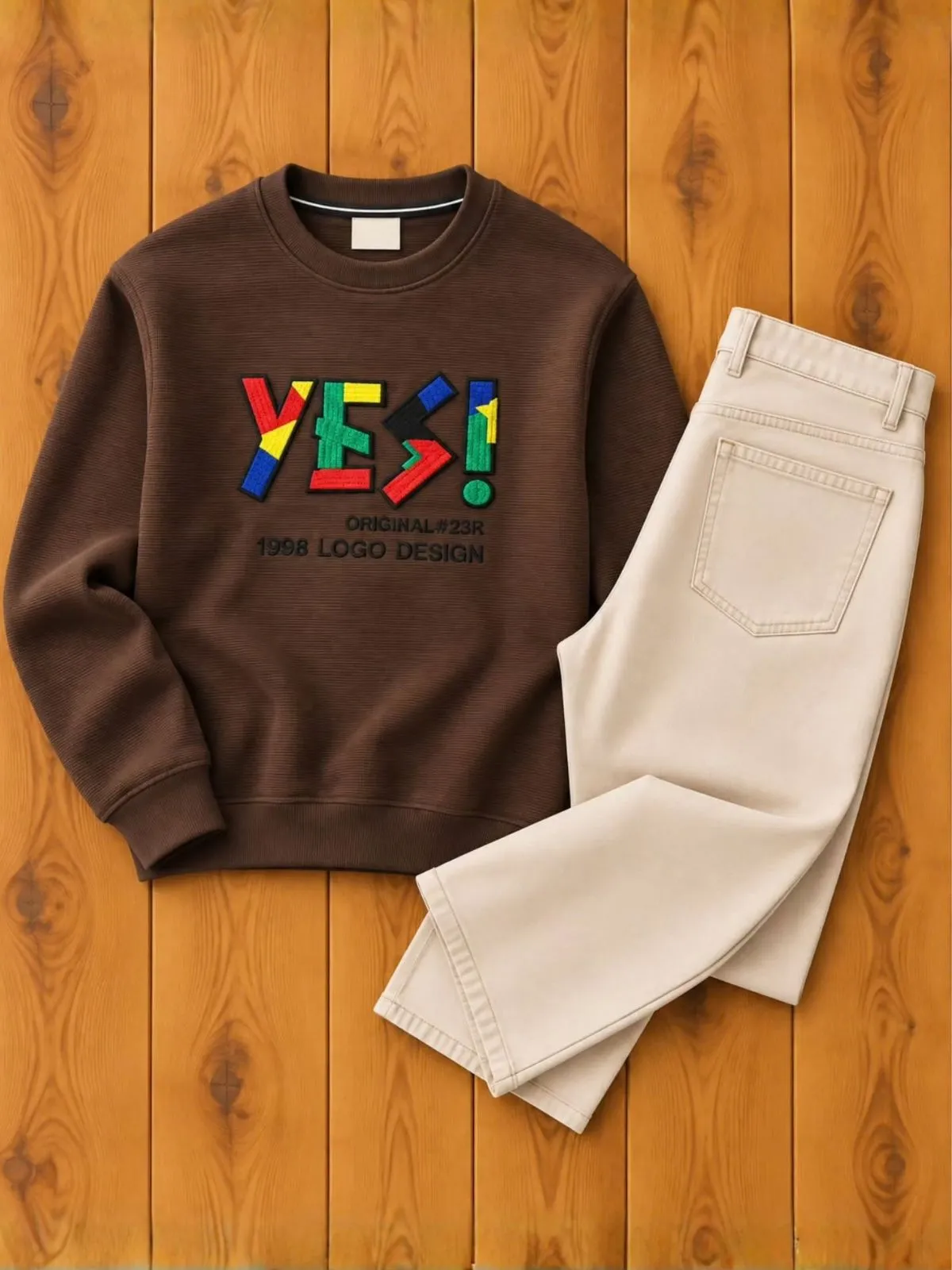 Off-White Graphic Pullover Sweatshirt and Tan Brown Jeans Set - Image 2