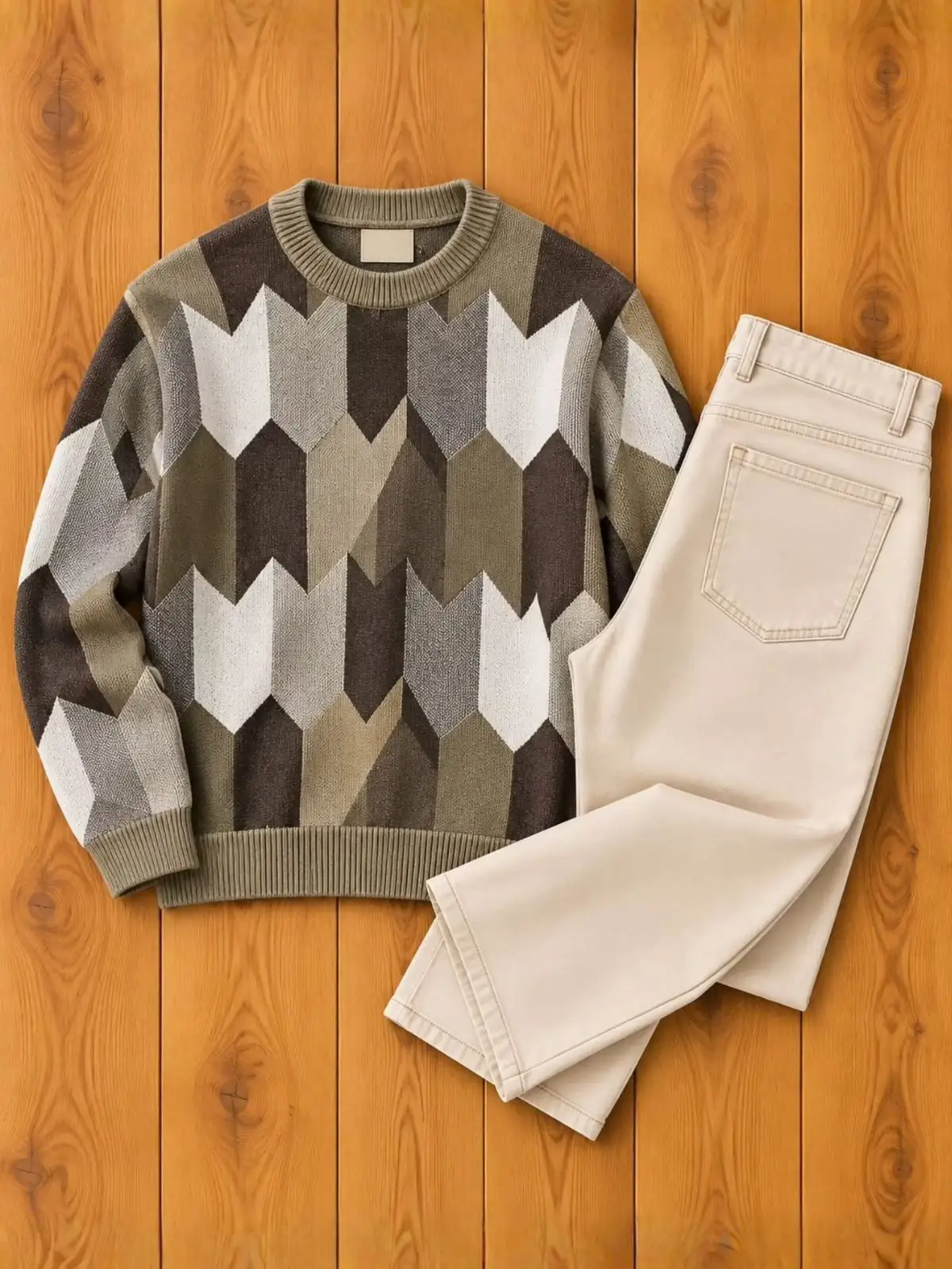 Off-White Graphic Pullover Sweatshirt and Tan Brown Jeans Set - Image 4