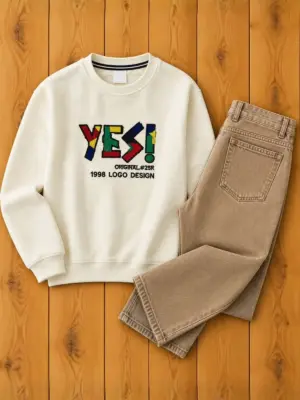Off-White Graphic Pullover Sweatshirt and Tan Brown Jeans Set