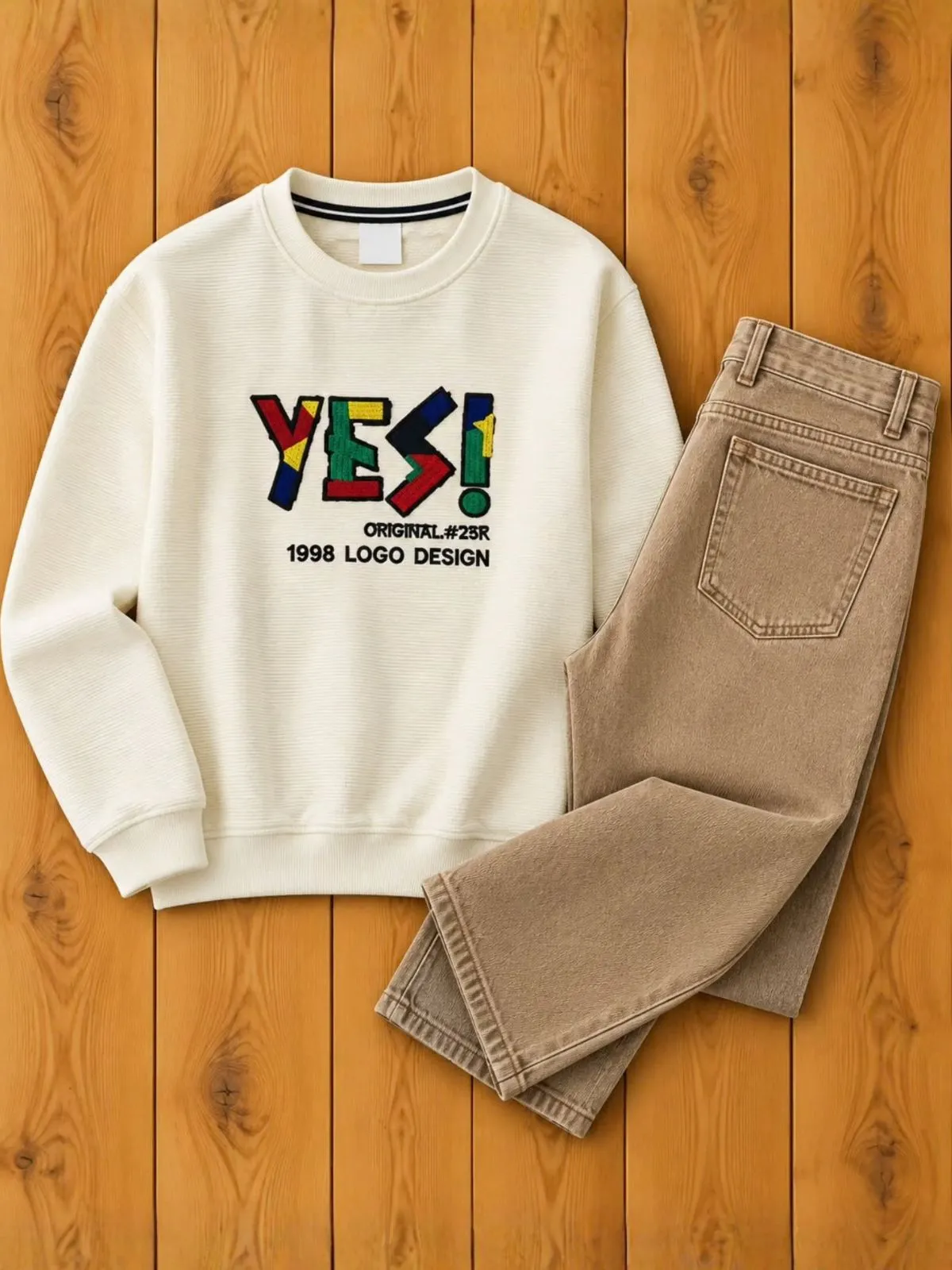 Off-White Graphic Pullover Sweatshirt and Tan Brown Jeans Set