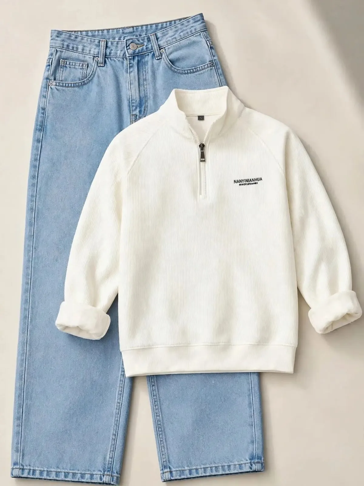Beige Mock-Neck Fleece Pullover and Dark Charcoal Denim Set - Image 2