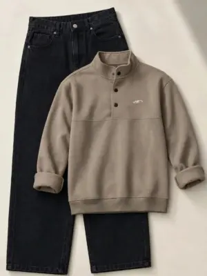 Beige Mock-Neck Fleece Pullover and Dark Charcoal Denim Set