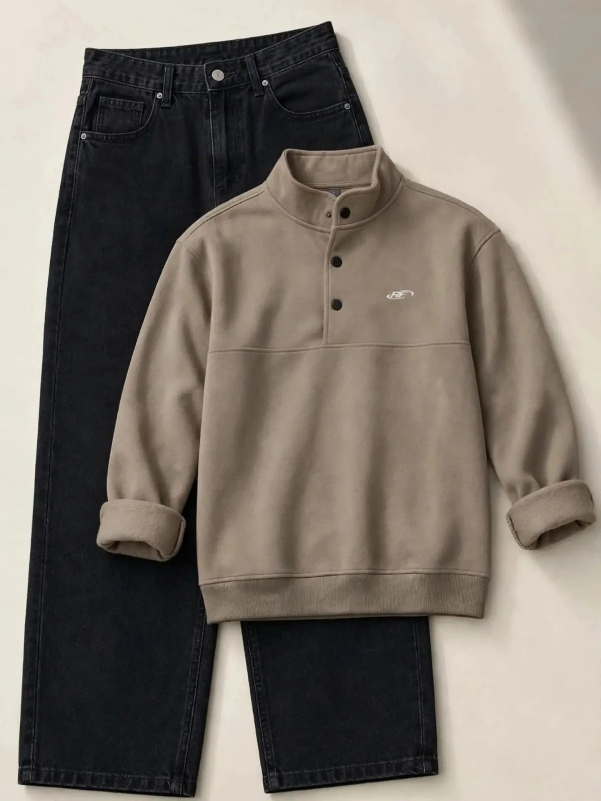 Beige Mock-Neck Fleece Pullover and Dark Charcoal Denim Set