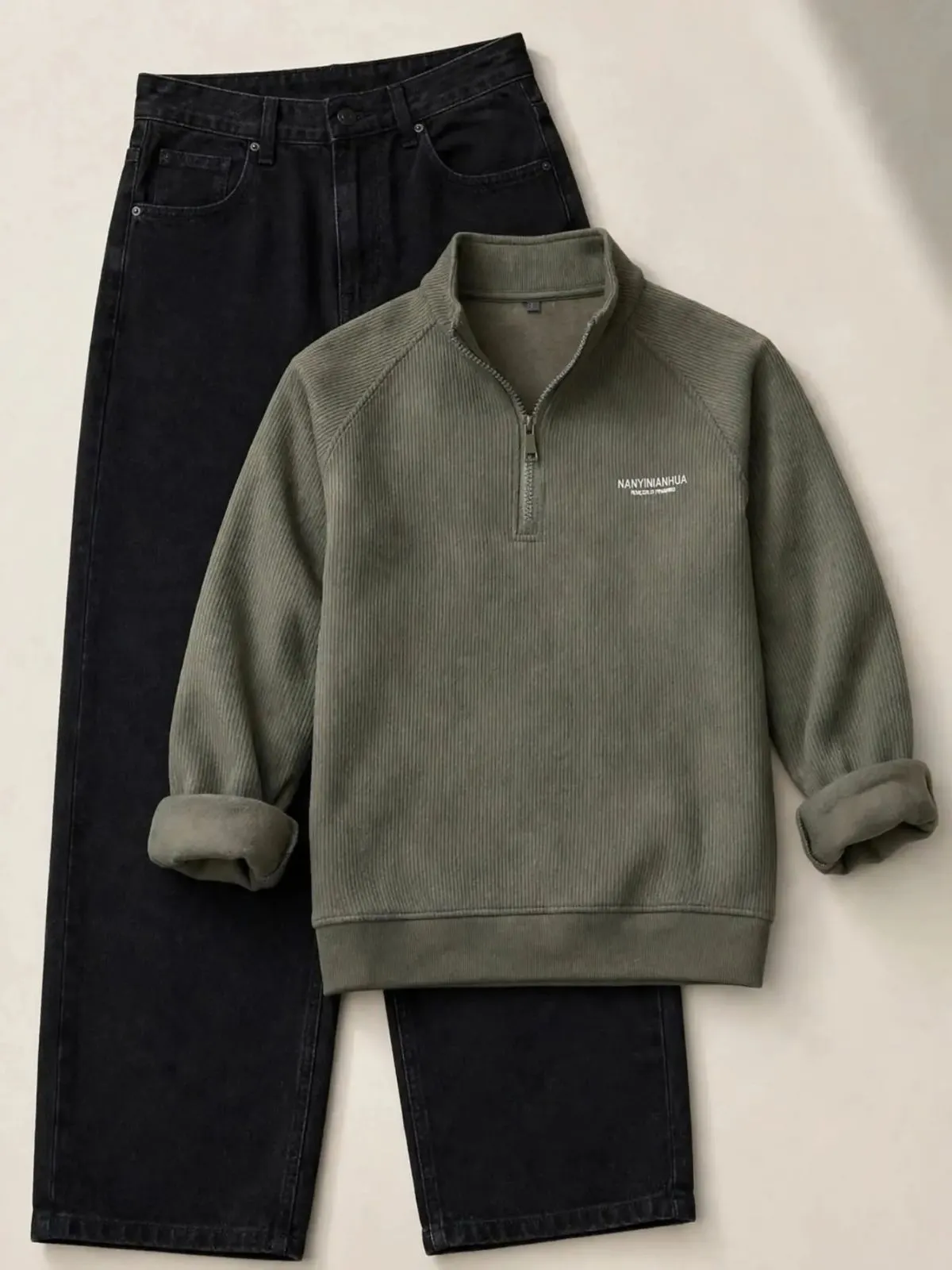 Beige Mock-Neck Fleece Pullover and Dark Charcoal Denim Set - Image 3