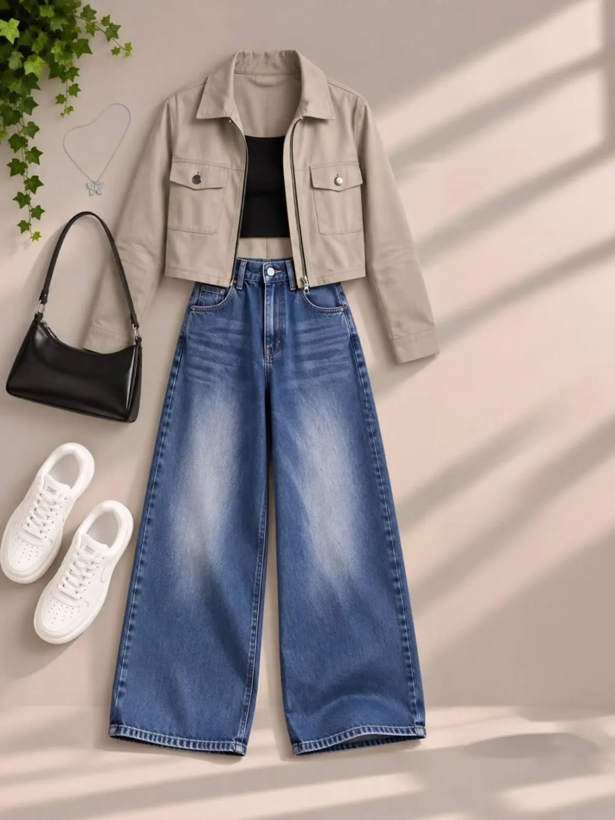 Camel Brown Suede Moto Jacket and Wide-Leg Blue Jeans Set - Image 2
