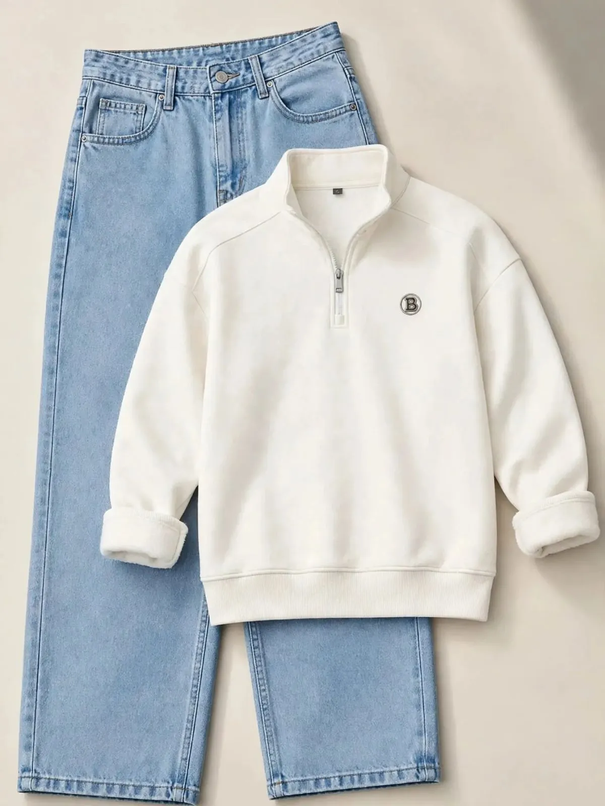 Beige Mock-Neck Fleece Pullover and Dark Charcoal Denim Set - Image 4