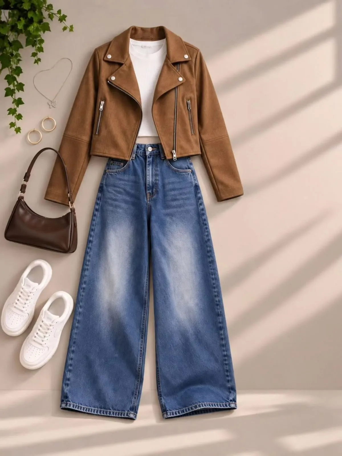 Camel Brown Suede Moto Jacket and Wide-Leg Blue Jeans Set