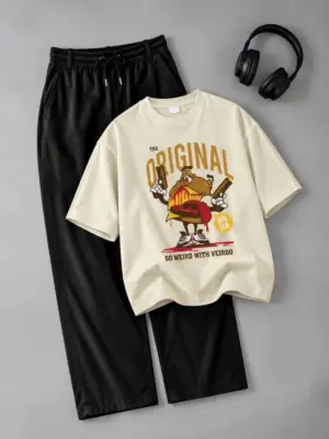 Cream Graphic Cartoon Tee and Black Drawstring Joggers Set