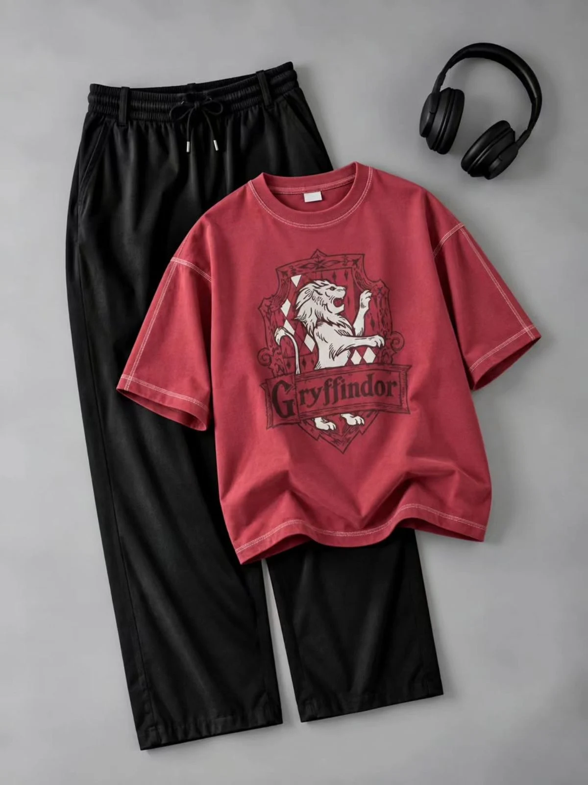 Cream Graphic Cartoon Tee and Black Drawstring Joggers Set - Image 2