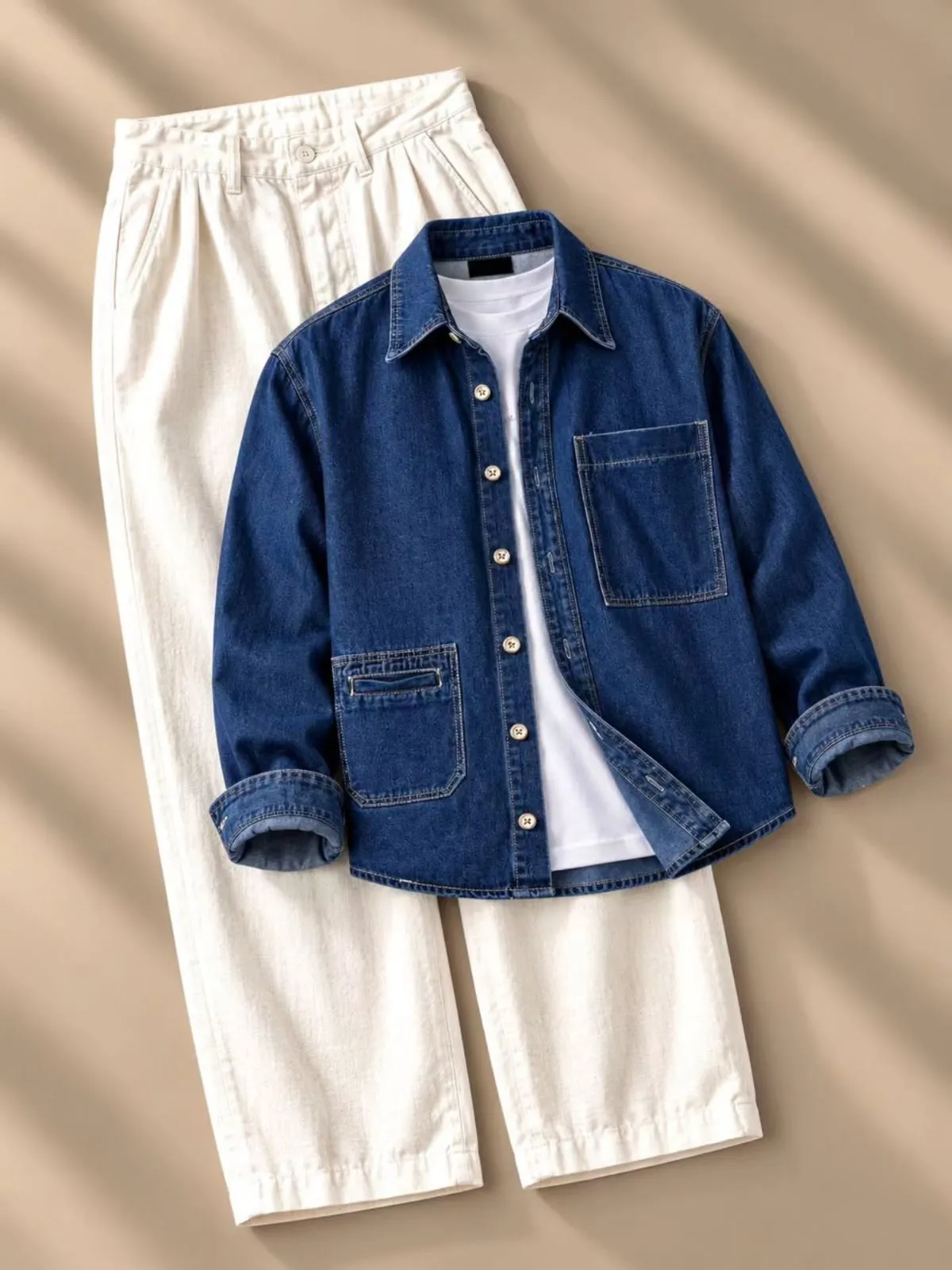 Classic Blue Denim Overshirt and Cream Linen Trouser Set