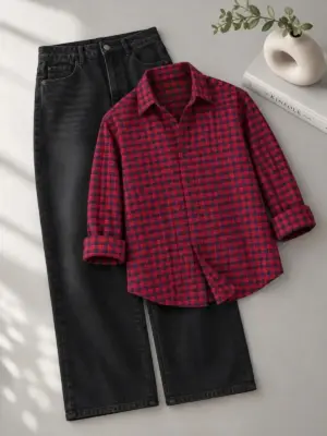 Red and Navy Plaid Flannel Shirt with Black Denim Trouser Set