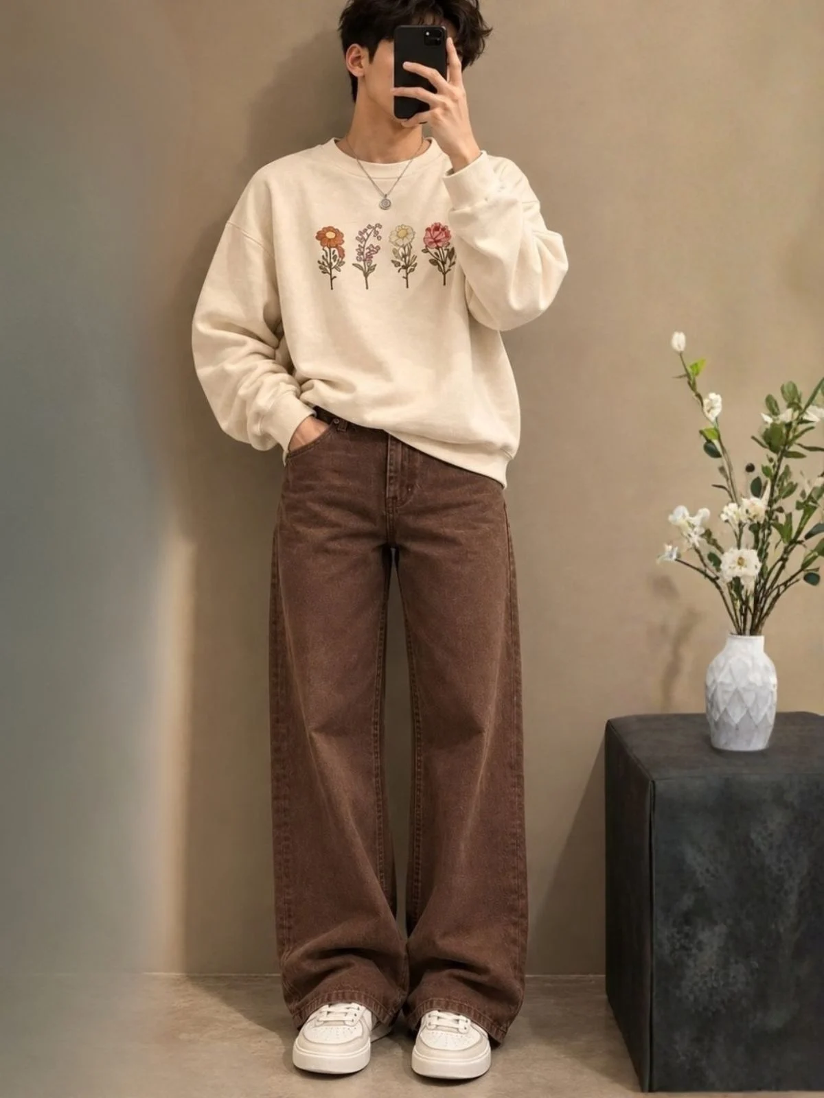 Chocolate Brown Polo Sweatshirt and Off-White Wide-Leg Trouser Set - Image 5
