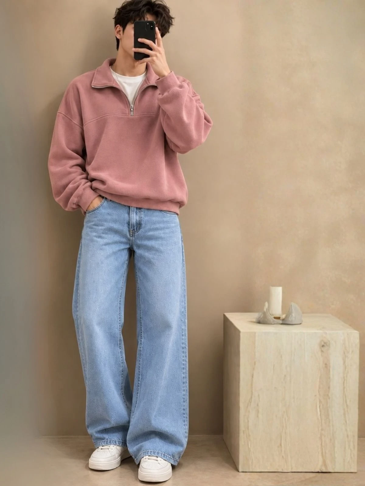 Chocolate Brown Polo Sweatshirt and Off-White Wide-Leg Trouser Set - Image 4