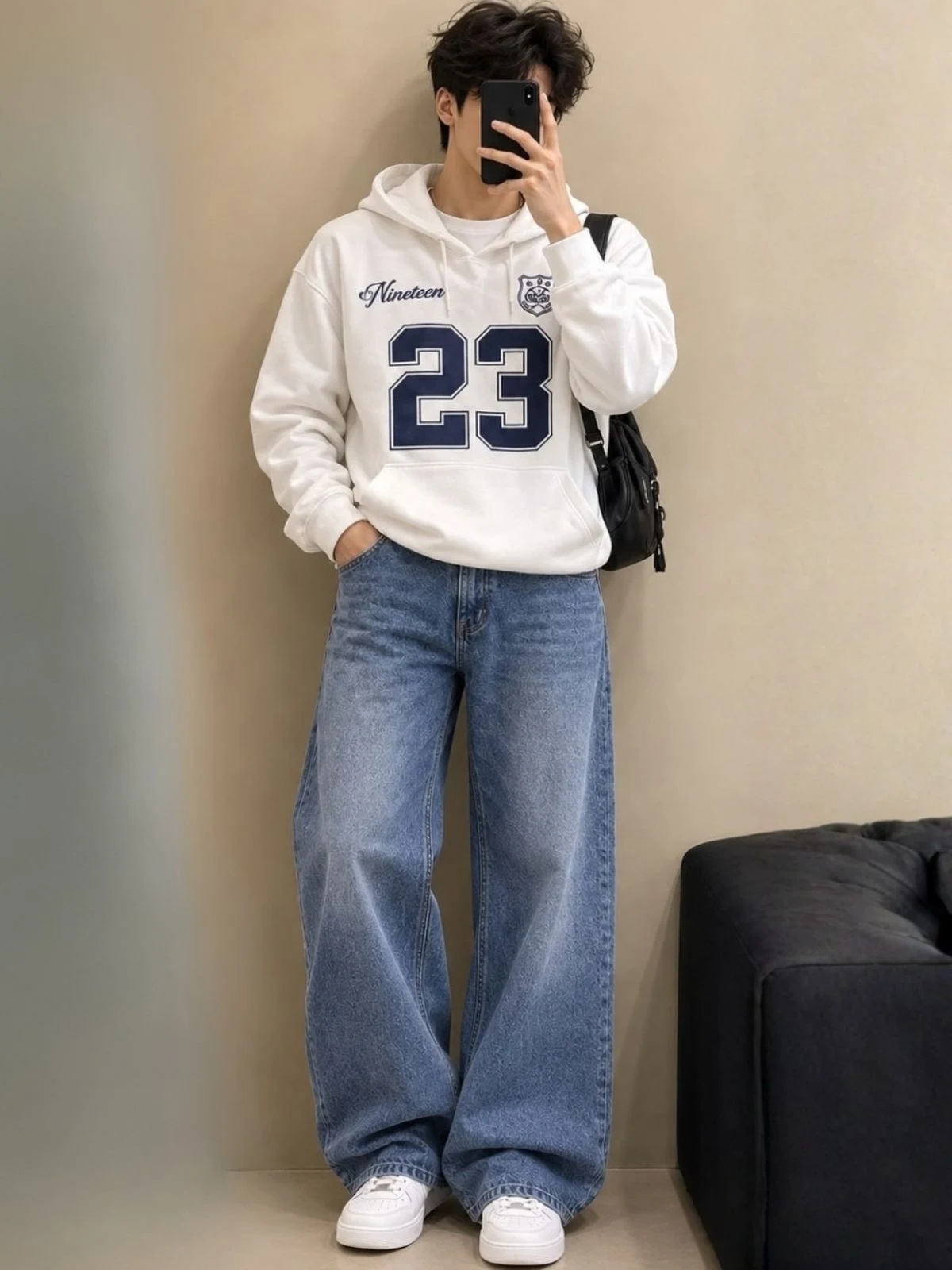 Chocolate Brown Polo Sweatshirt and Off-White Wide-Leg Trouser Set - Image 2