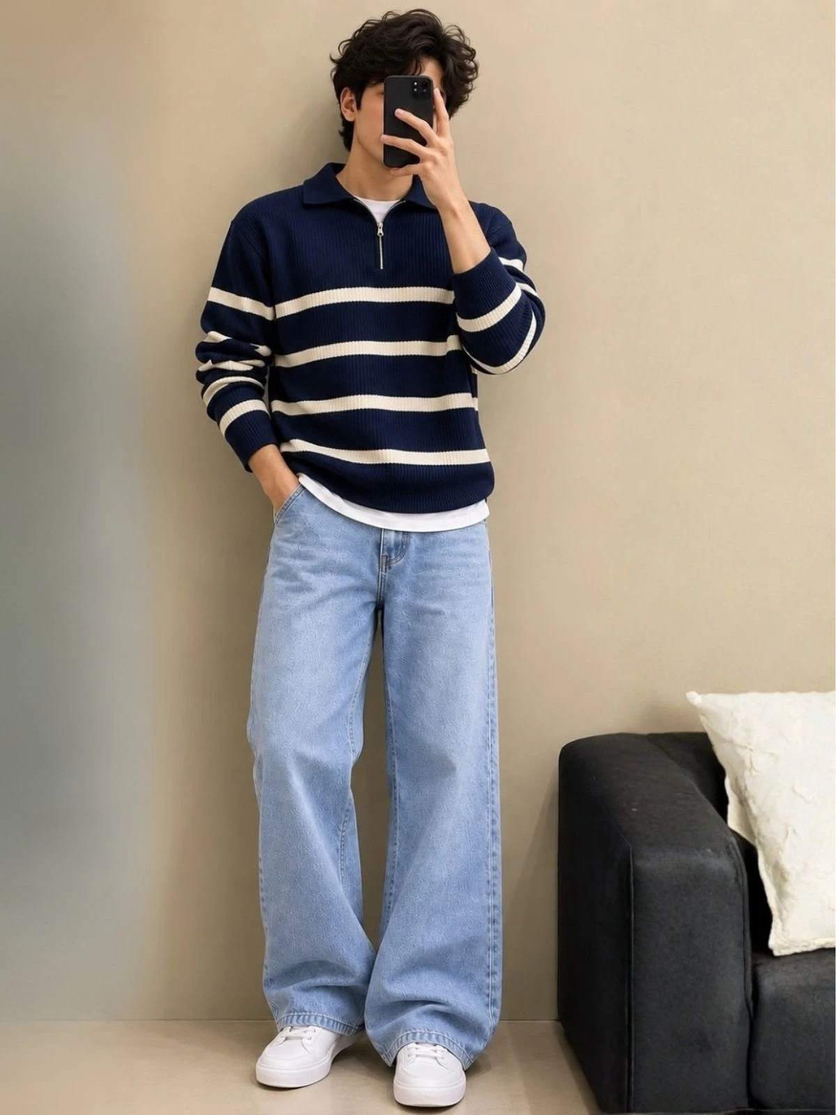 Chocolate Brown Polo Sweatshirt and Off-White Wide-Leg Trouser Set - Image 3