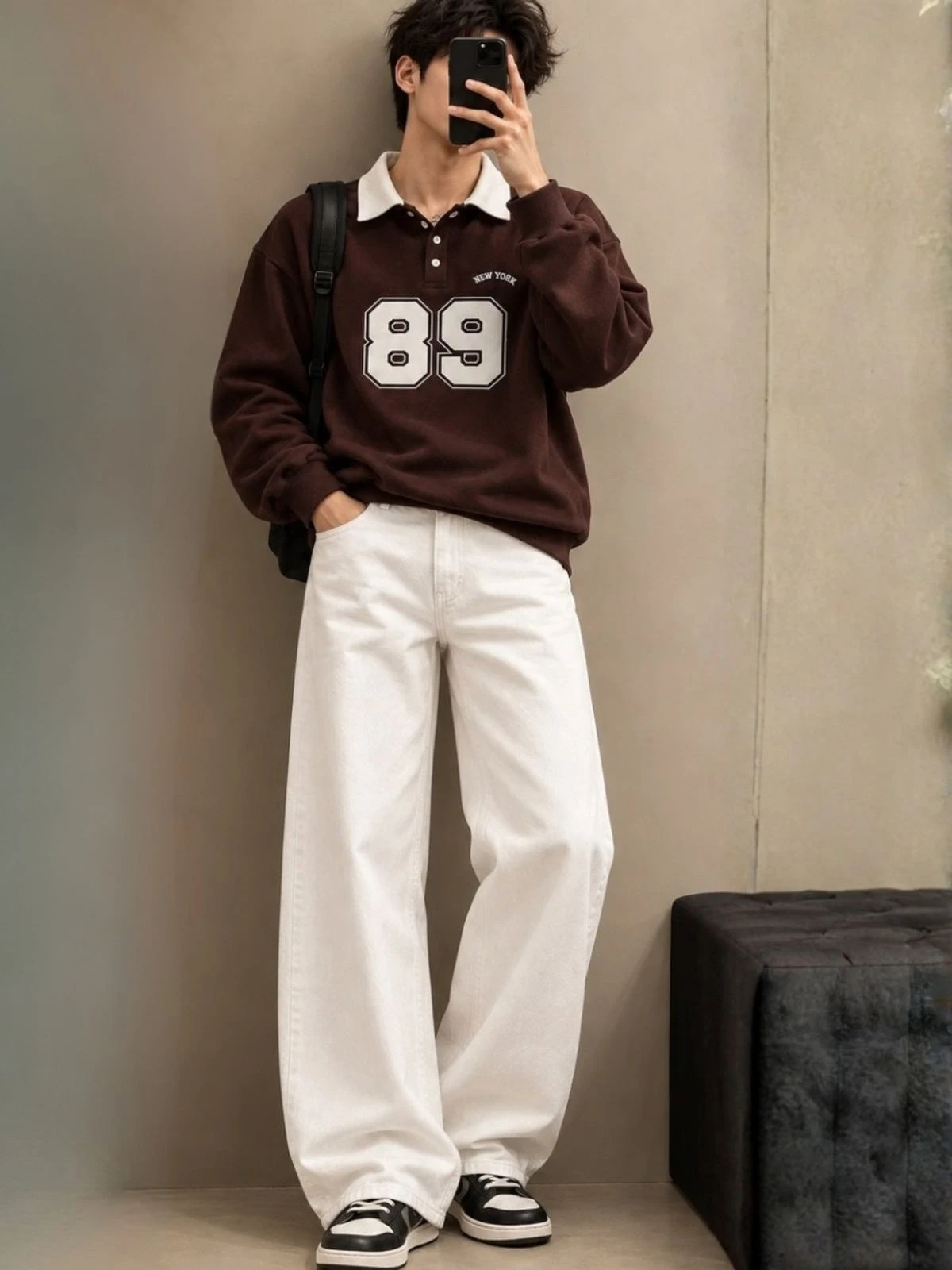 Chocolate Brown Polo Sweatshirt and Off-White Wide-Leg Trouser Set