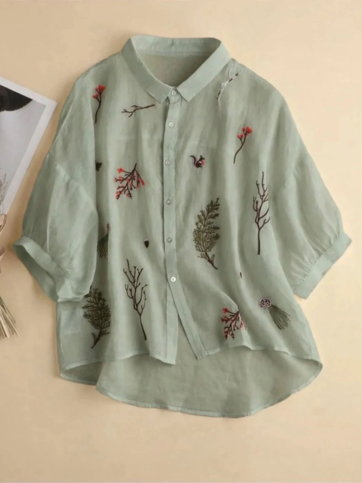 Beige Nature Embroidered Short-Sleeve Linen Shirt - Image 3