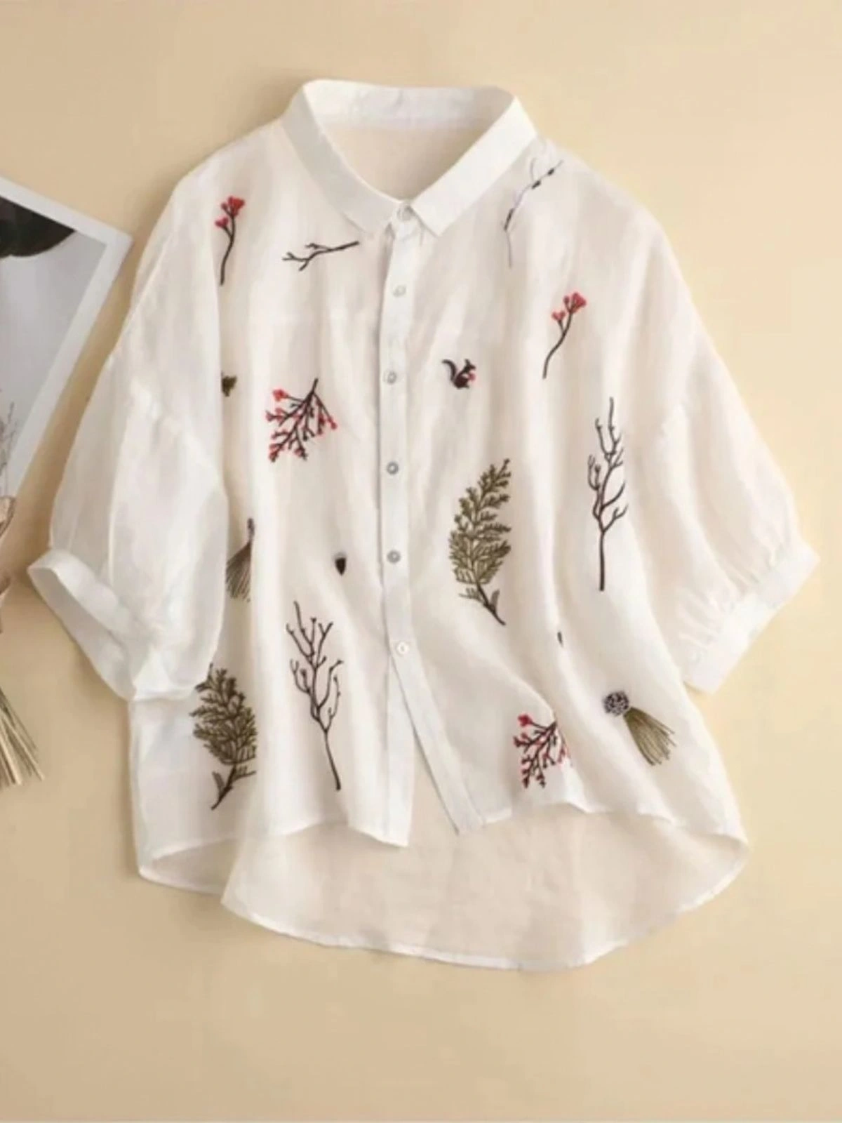 Beige Nature Embroidered Short-Sleeve Linen Shirt - Image 2