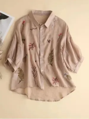 Beige Nature Embroidered Short-Sleeve Linen Shirt