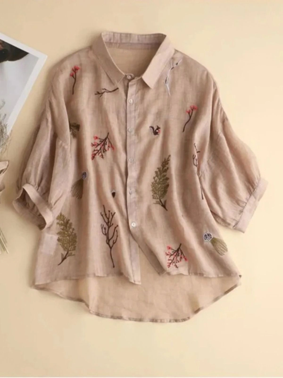 Beige Nature Embroidered Short-Sleeve Linen Shirt