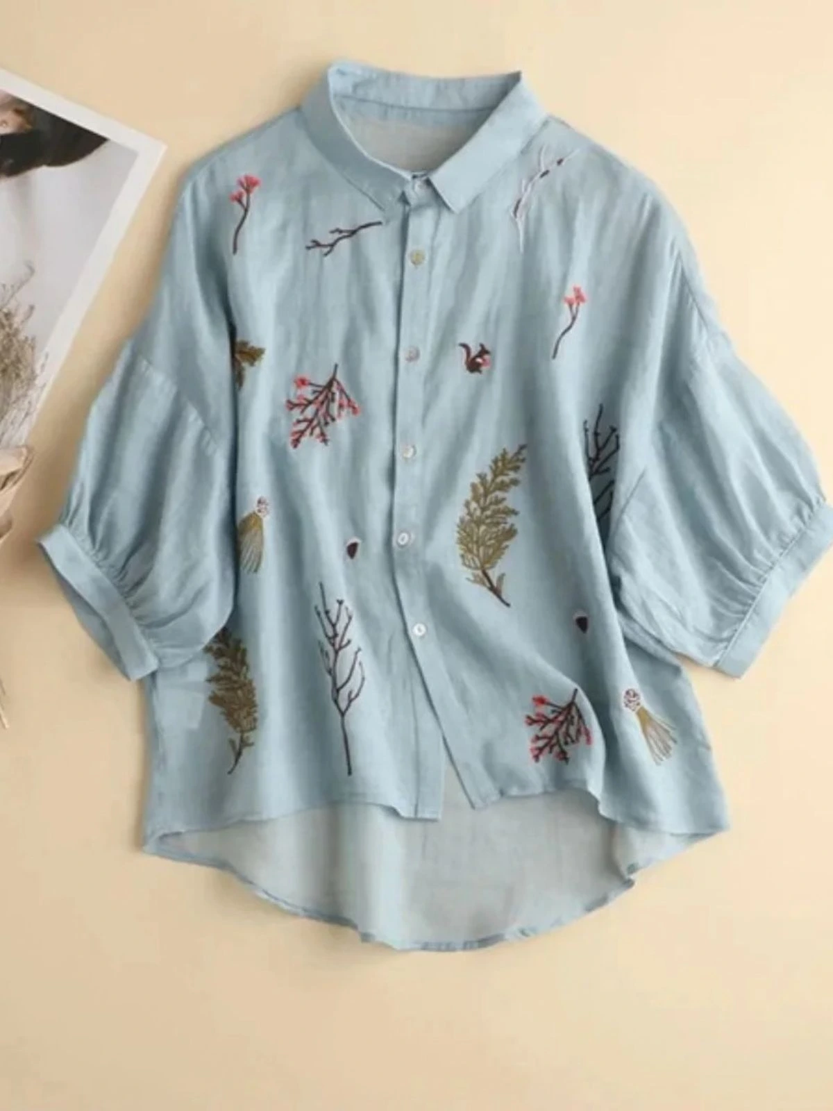 Beige Nature Embroidered Short-Sleeve Linen Shirt - Image 4