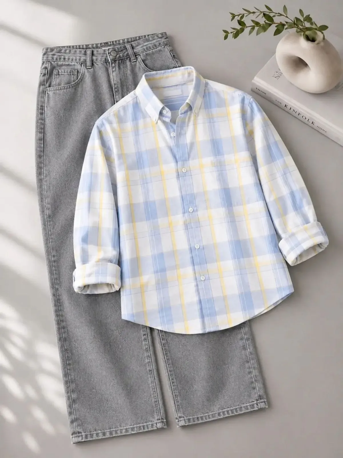 Red and Navy Plaid Flannel Shirt with Black Denim Trouser Set - Image 3