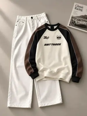 Off-White Racing Sweatshirt and Pure White Denim Trouser Set