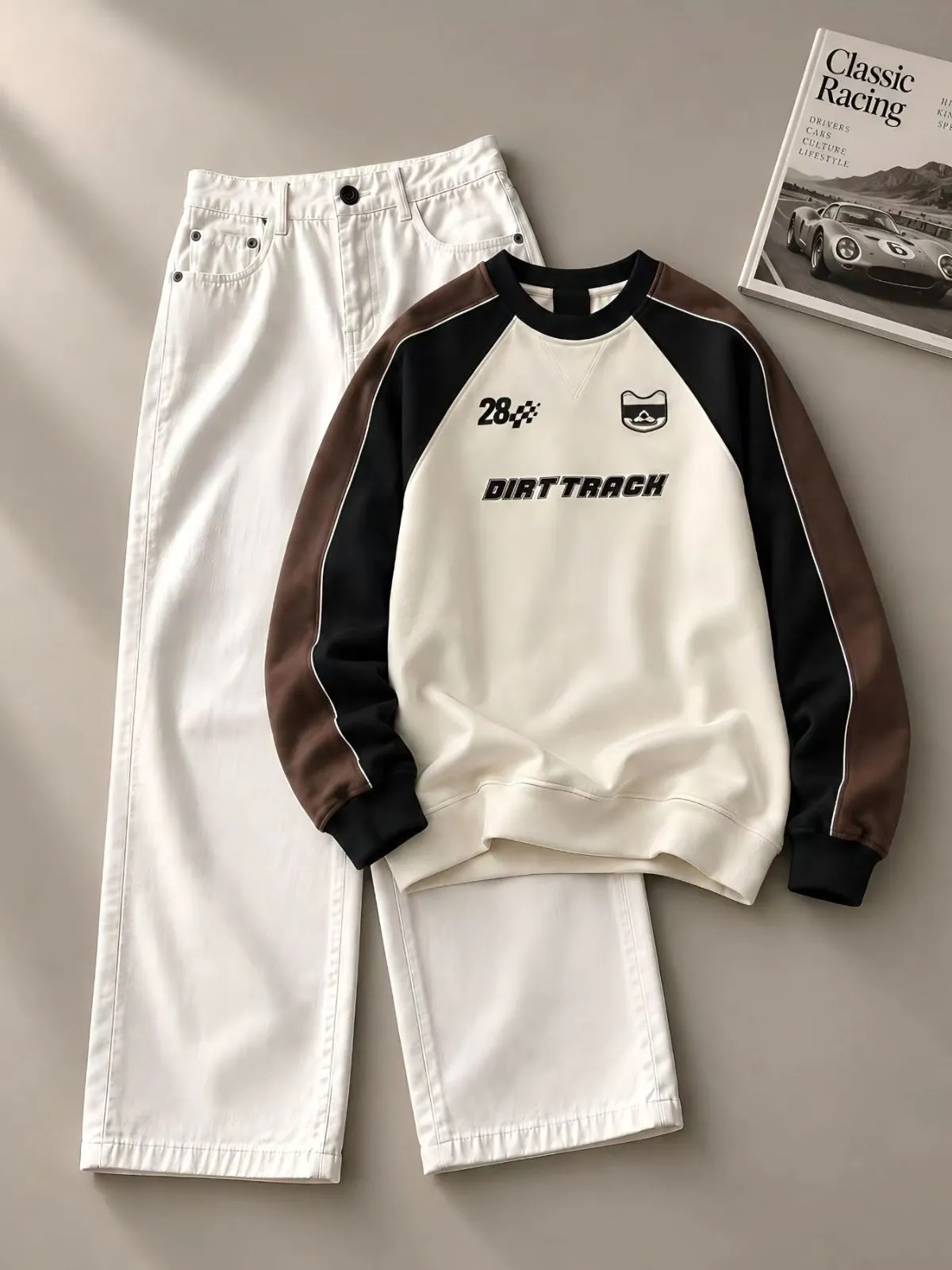 Off-White Racing Sweatshirt and Pure White Denim Trouser Set