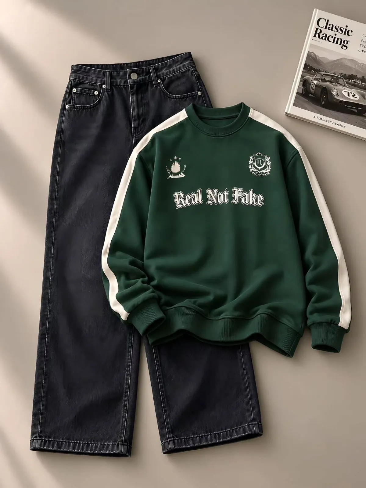 Off-White Racing Sweatshirt and Pure White Denim Trouser Set - Image 4