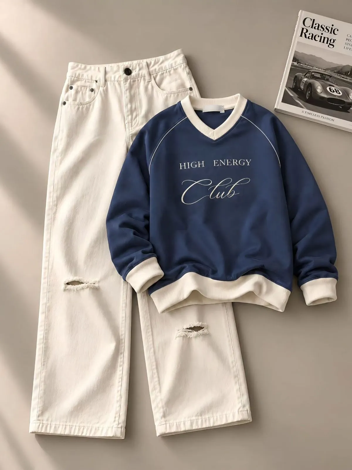 Off-White Racing Sweatshirt and Pure White Denim Trouser Set - Image 2