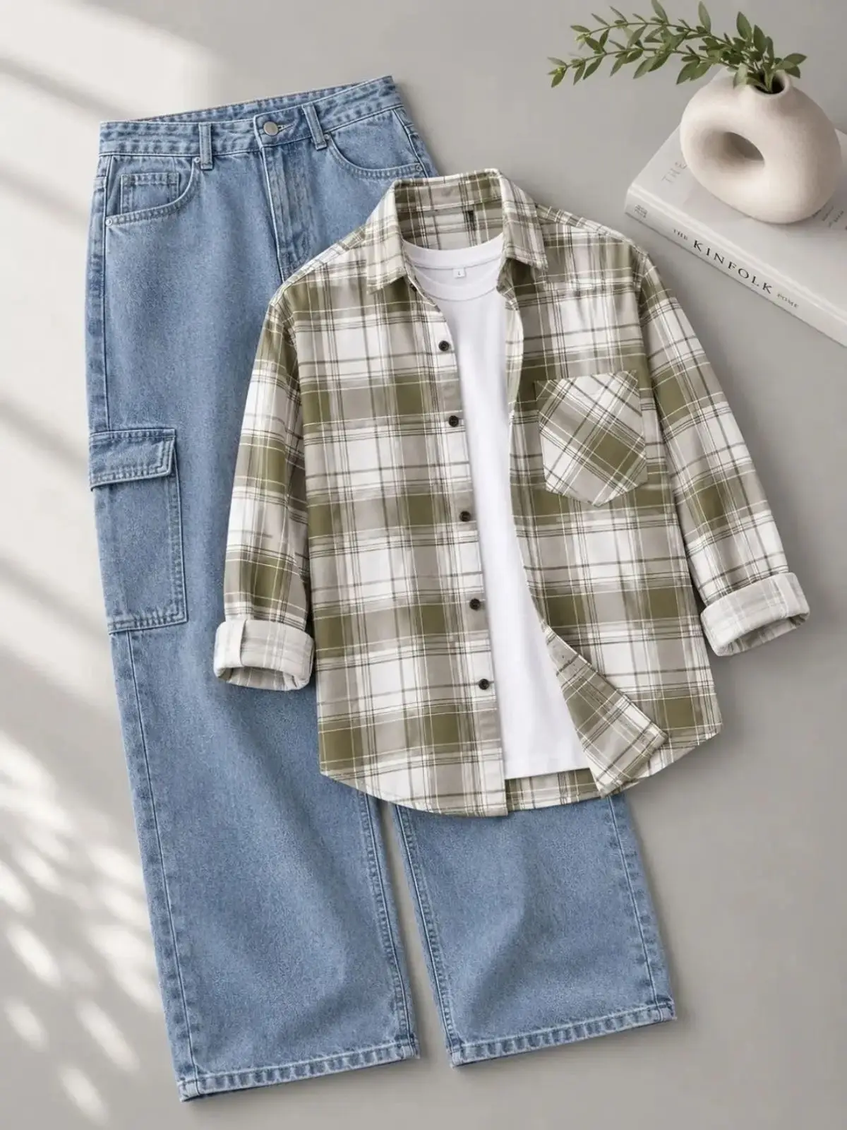 Red and Navy Plaid Flannel Shirt with Black Denim Trouser Set - Image 4