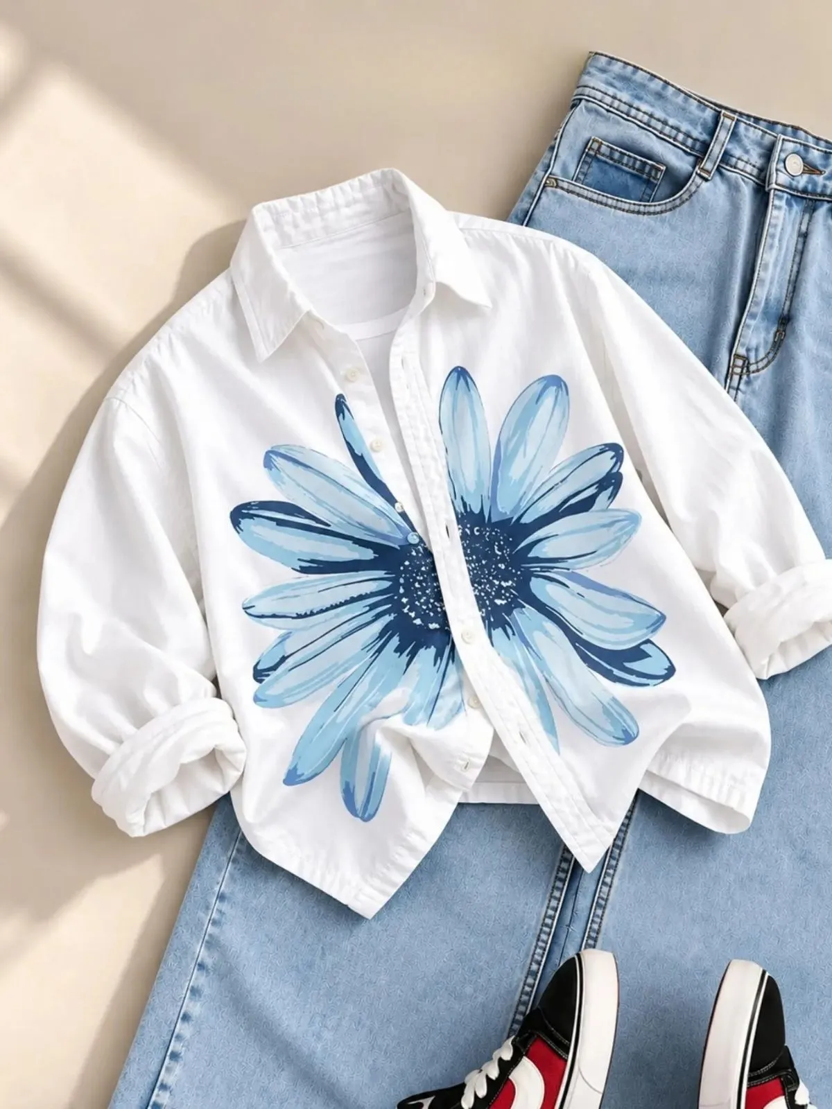 Cream Botanical Hem Embroidered Linen Shirt and Black Jeans Combo - Image 5