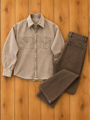 Washed Beige Applique Shirt and Dark Brown Denim Set