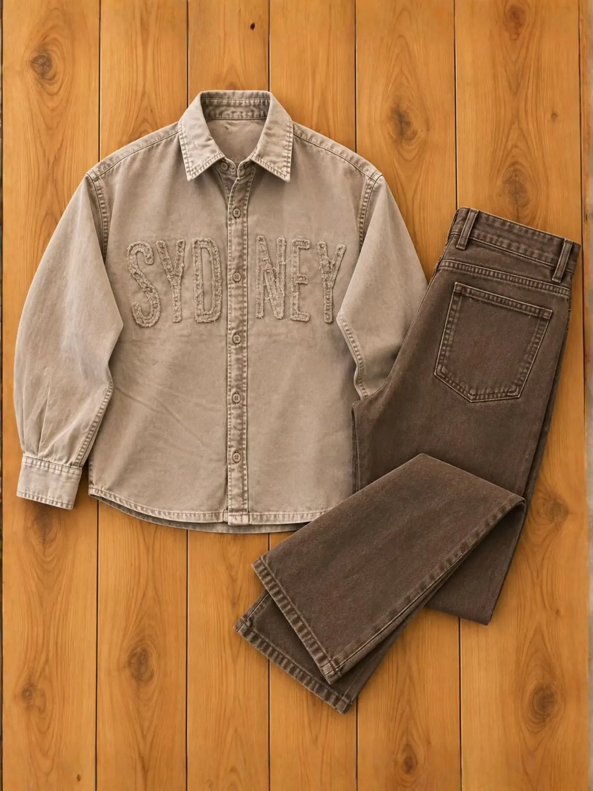 Washed Beige Applique Shirt and Dark Brown Denim Set