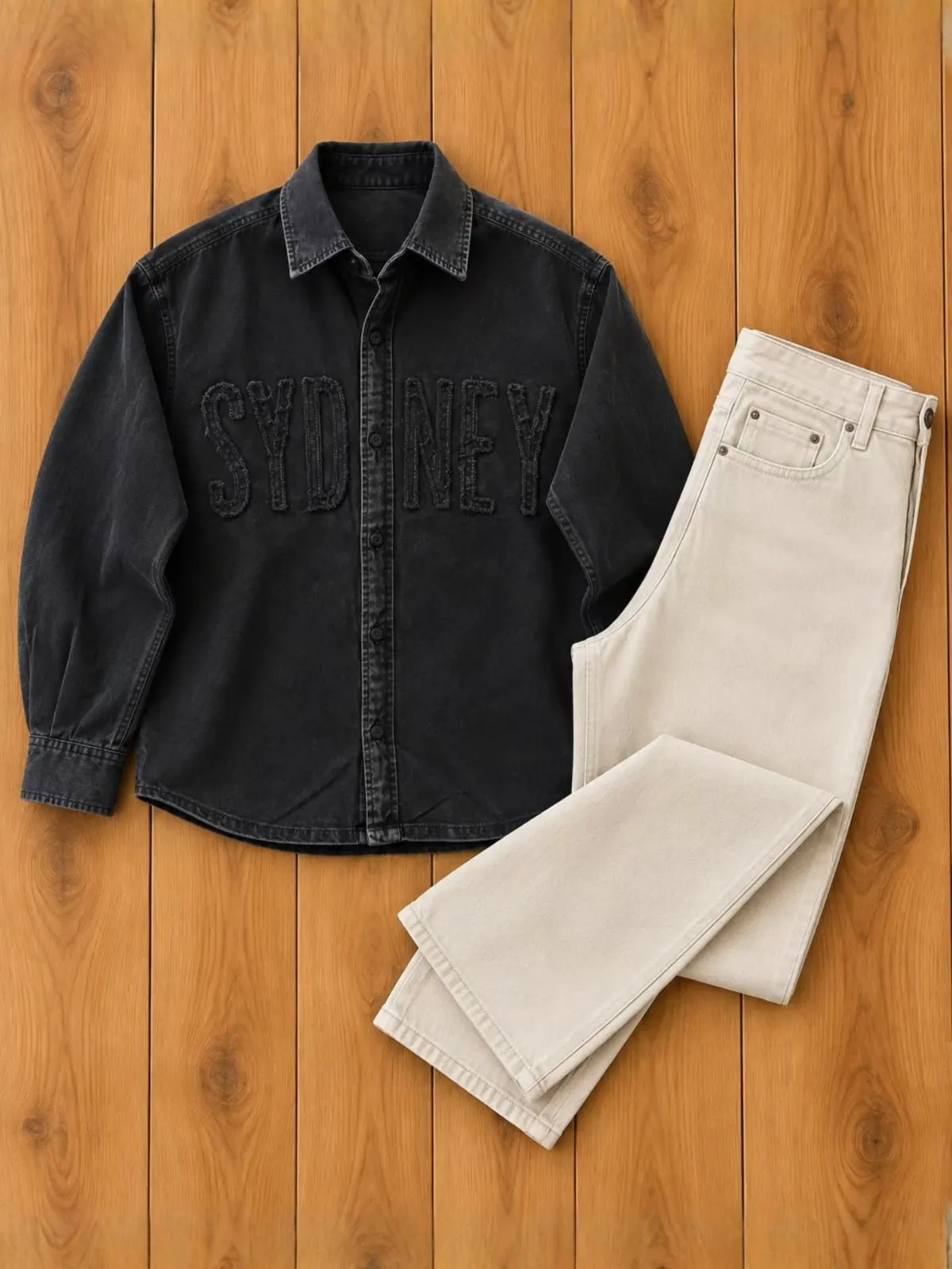Washed Beige Applique Shirt and Dark Brown Denim Set - Image 4