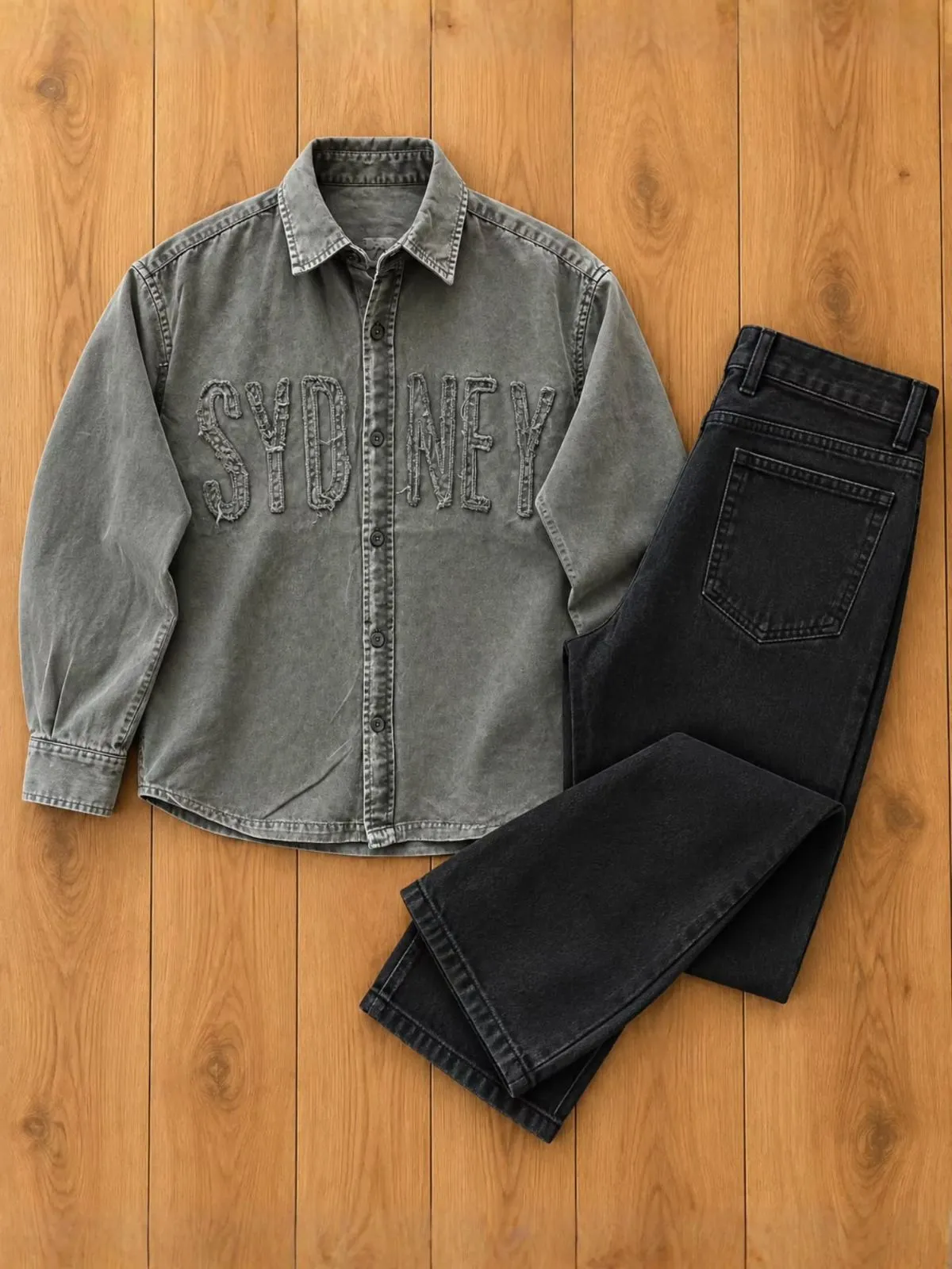 Washed Beige Applique Shirt and Dark Brown Denim Set - Image 2