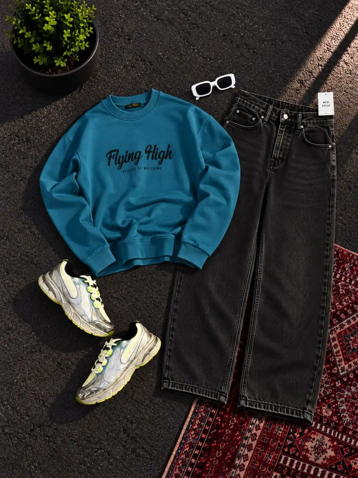 Crisp White Sweatshirt and Charcoal Washed Denim Set - Image 4